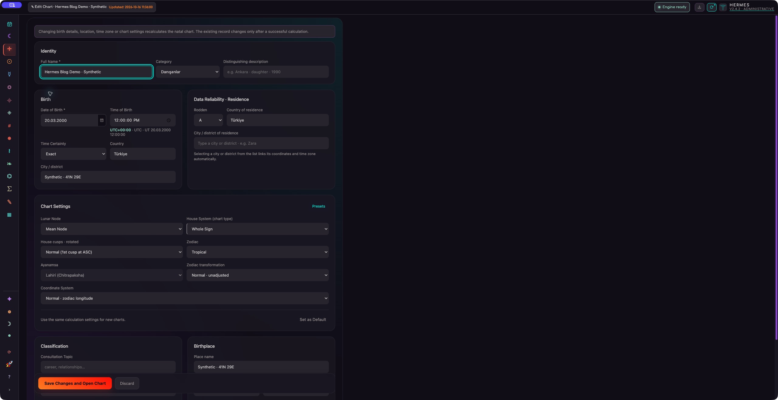 Hermes 2.4.2 Chart Settings: Zodiac and House System are separate controls.