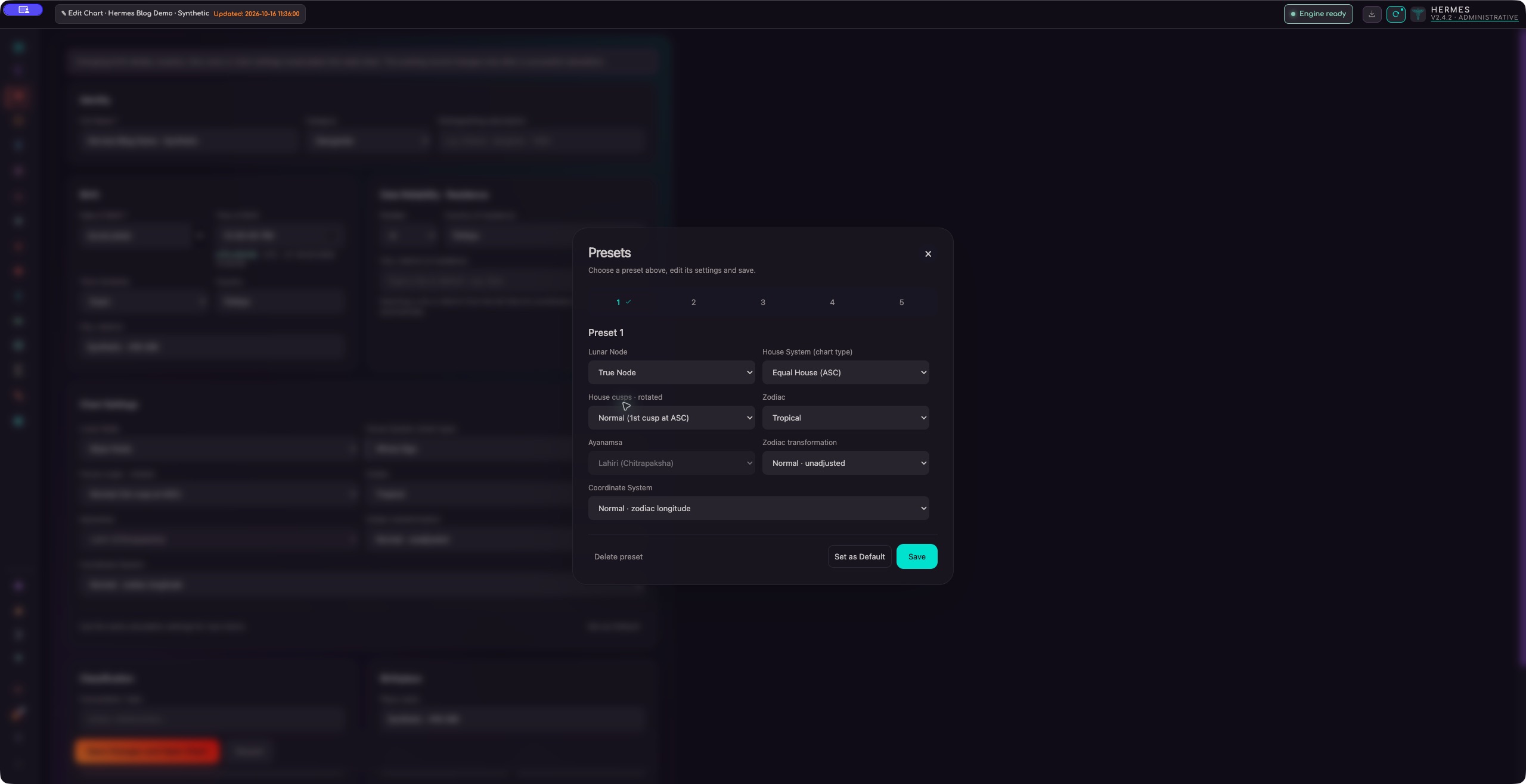Five numbered preset slots and the selected slot’s settings.