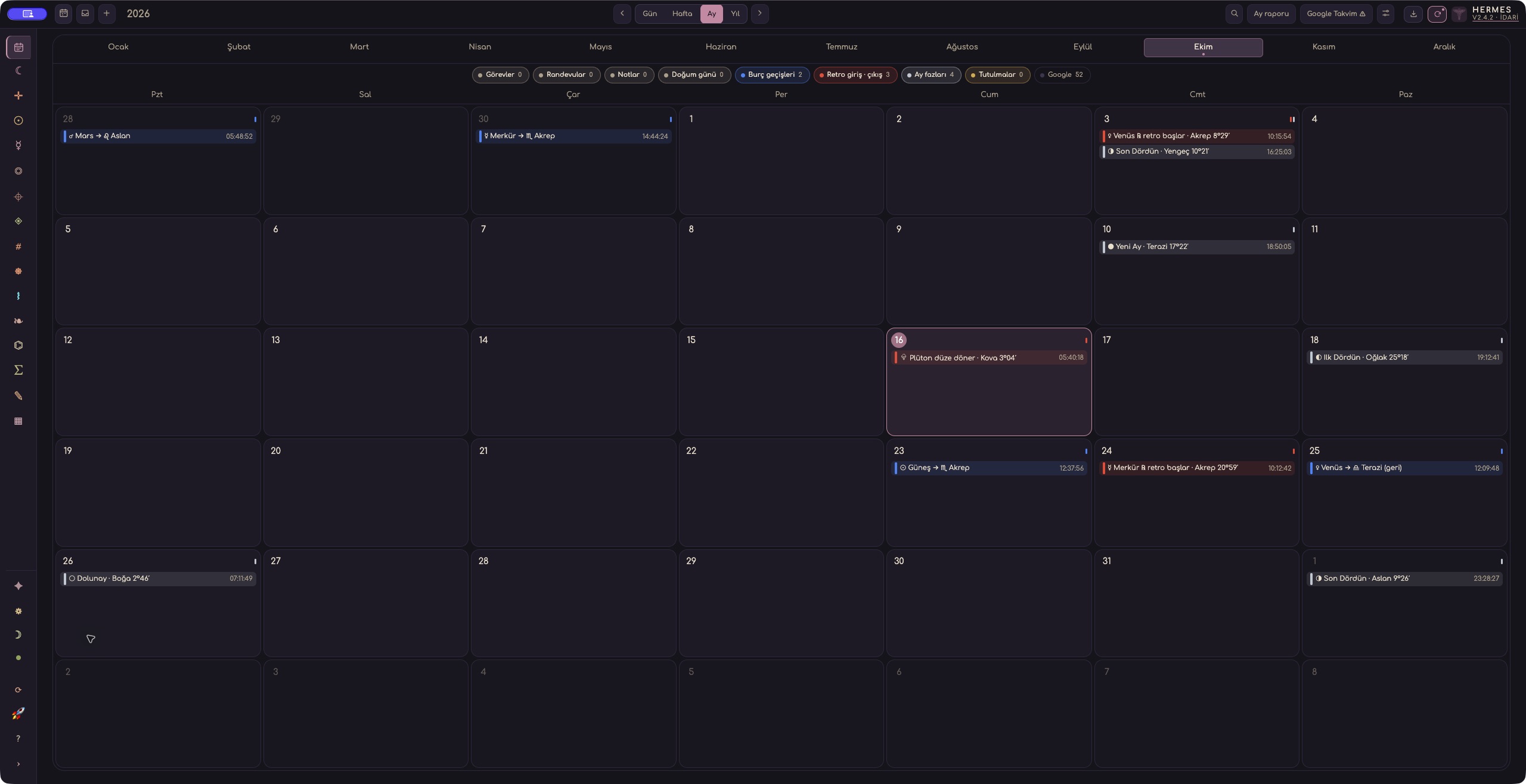 Hermes Calendar · October 2026 · actual dark screen
