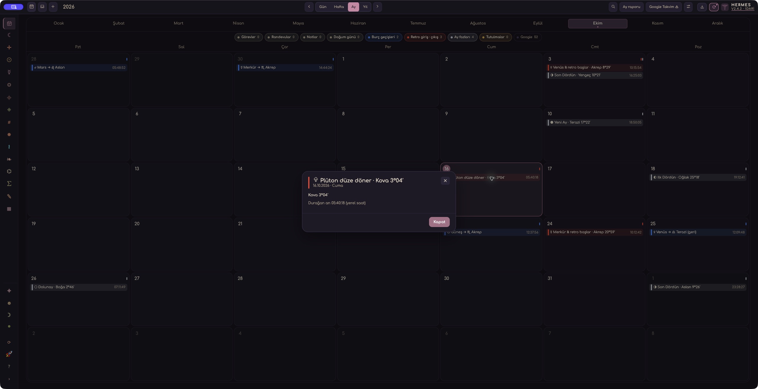 Astrological event details · actual dark screen