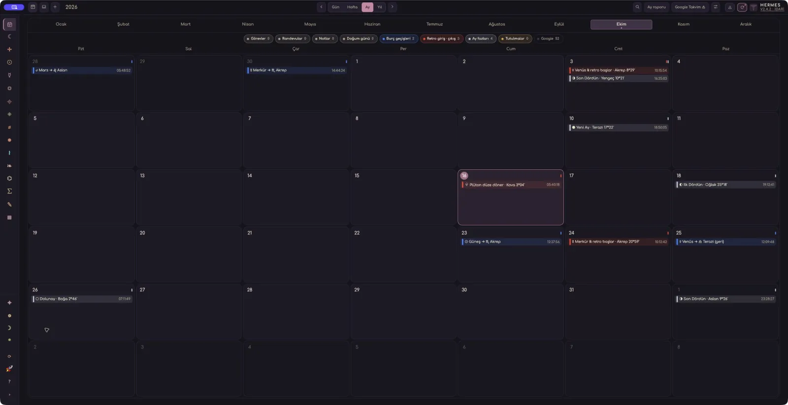 Hermes Calendar · October 2026 · actual dark screen