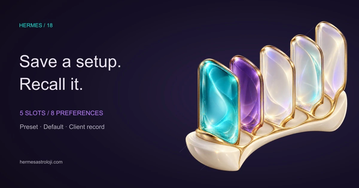 Original Hermes artwork: five turquoise, amethyst and frosted-glass tablets on a curved ivory cradle symbolise a personal settings archive.