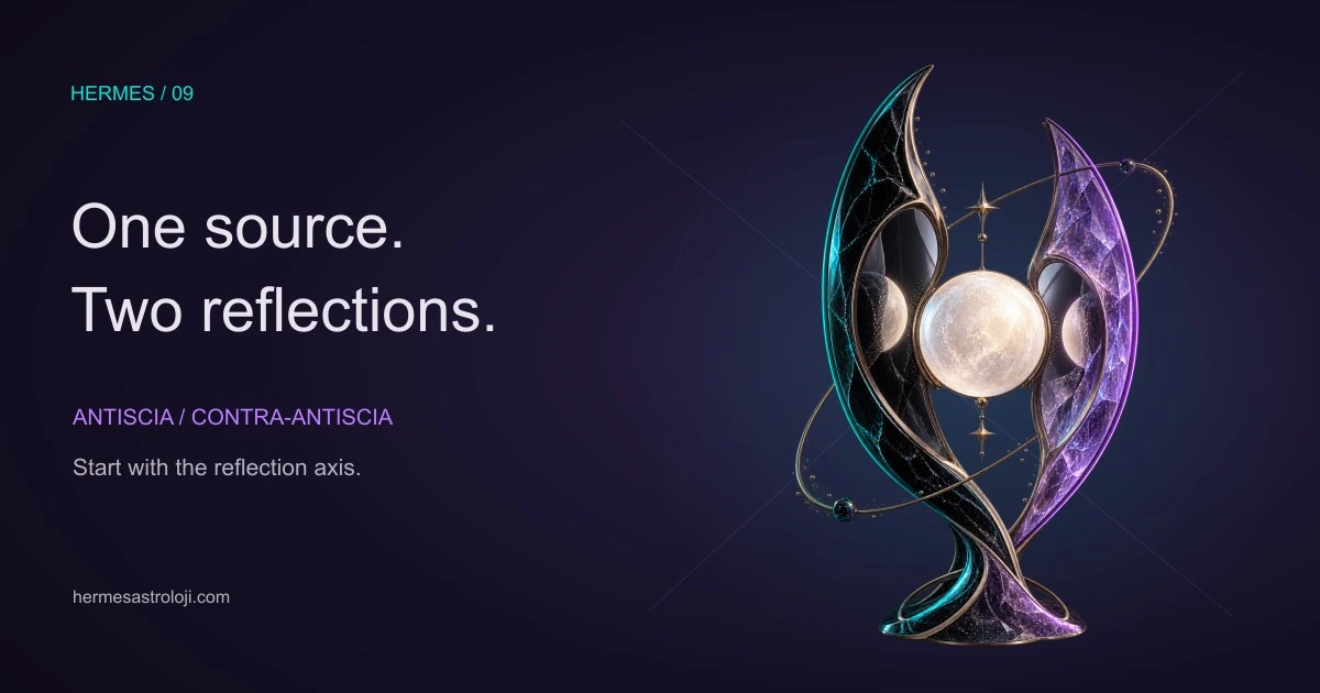 An ivory light reflected in obsidian and amethyst mirrors; original symbolic artwork for antiscia and contra-antiscia.