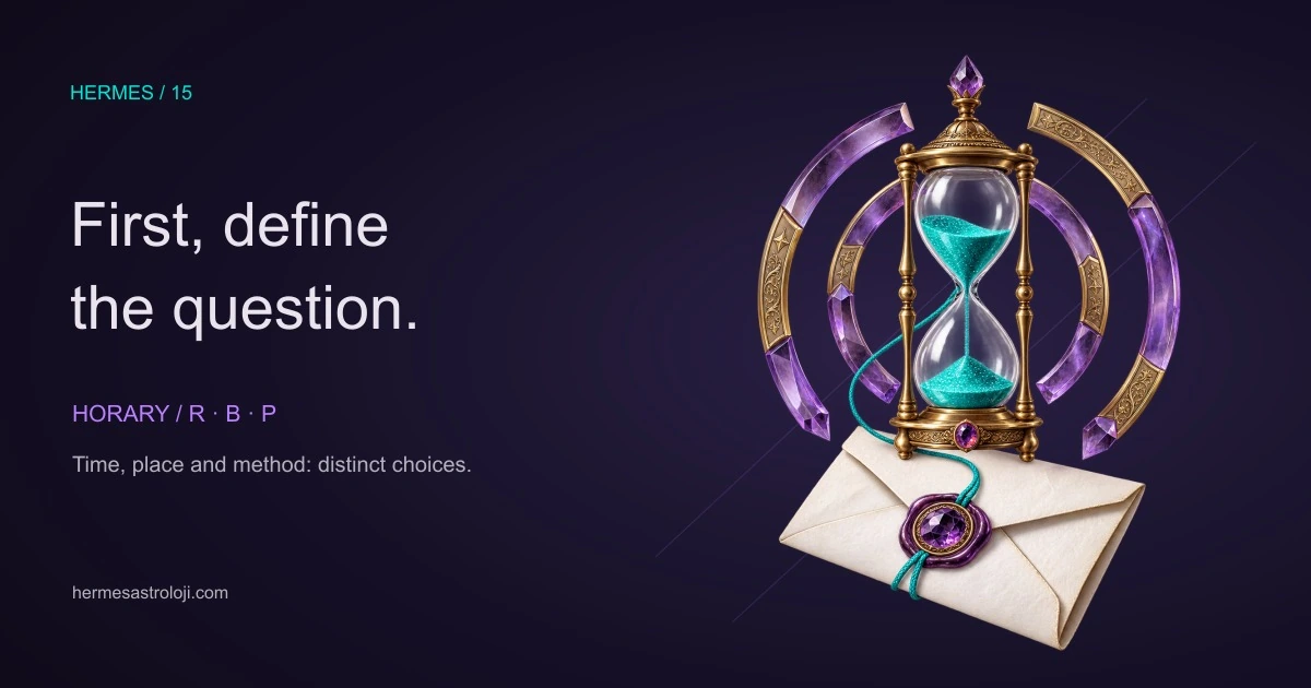 Original Hermes artwork: a sealed letter, turquoise hourglass and amethyst arcs symbolise question, time and house division.