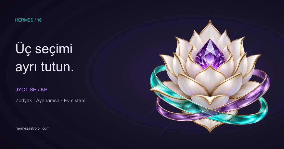 Fildişi lotus katmanları, ametist merkez ve turkuaz-mor referans şeritleriyle üç ayrı ayarı simgeleyen özgün Hermes illüstrasyonu.