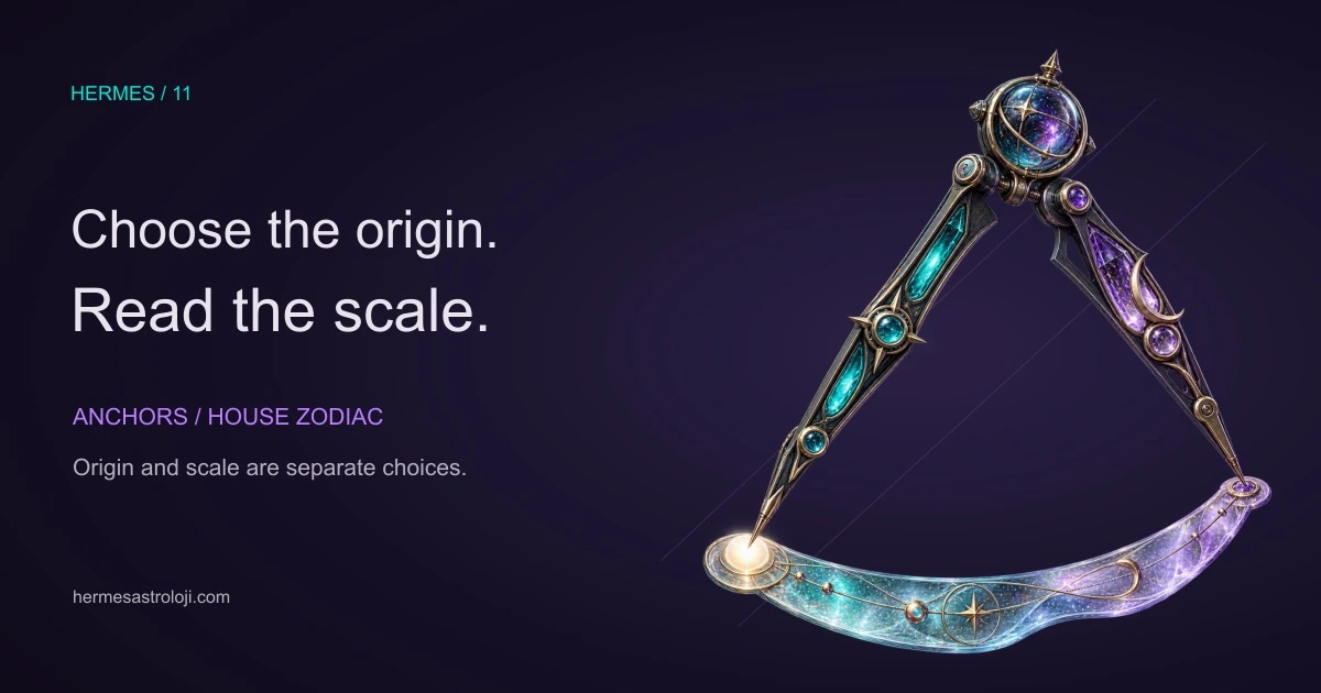 An original celestial drafting instrument in turquoise and amethyst glass, symbolising the choice of an origin and the reading of a scale.