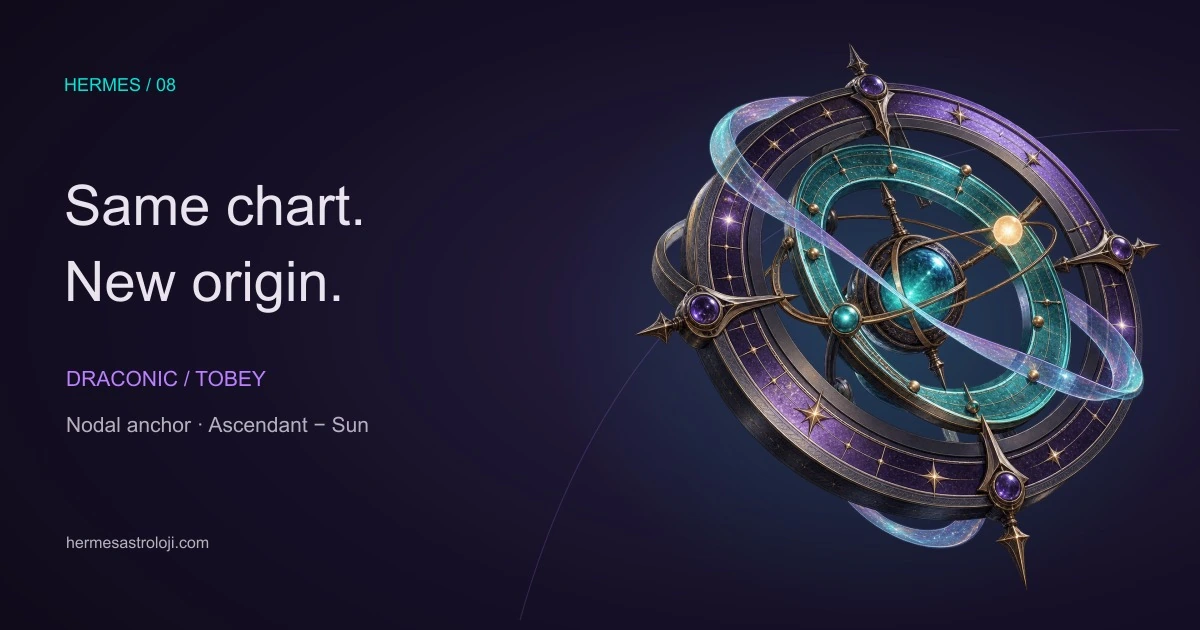 Original celestial astrolabe illustration in teal and violet glass, symbolising a change of origin in draconic and Tobey transformations.
