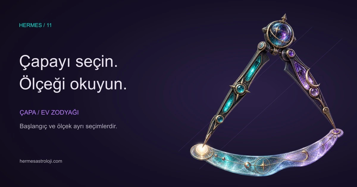 Turkuaz ve ametist camla işlenmiş göksel ölçüm pergeli; bir başlangıç seçmeyi ve ölçek okumayı simgeleyen özgün illüstrasyon.