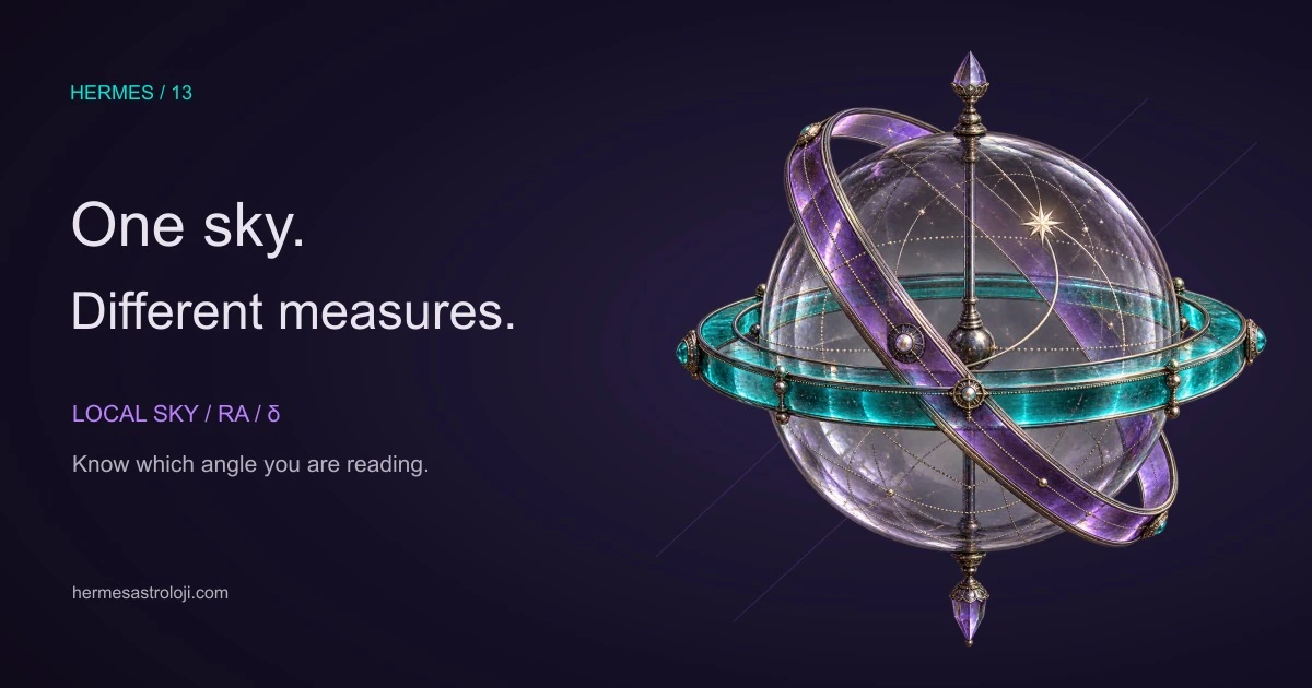 An original celestial coordinate sphere with a turquoise horizon ring, tilted amethyst measuring ribbon and luminous star.