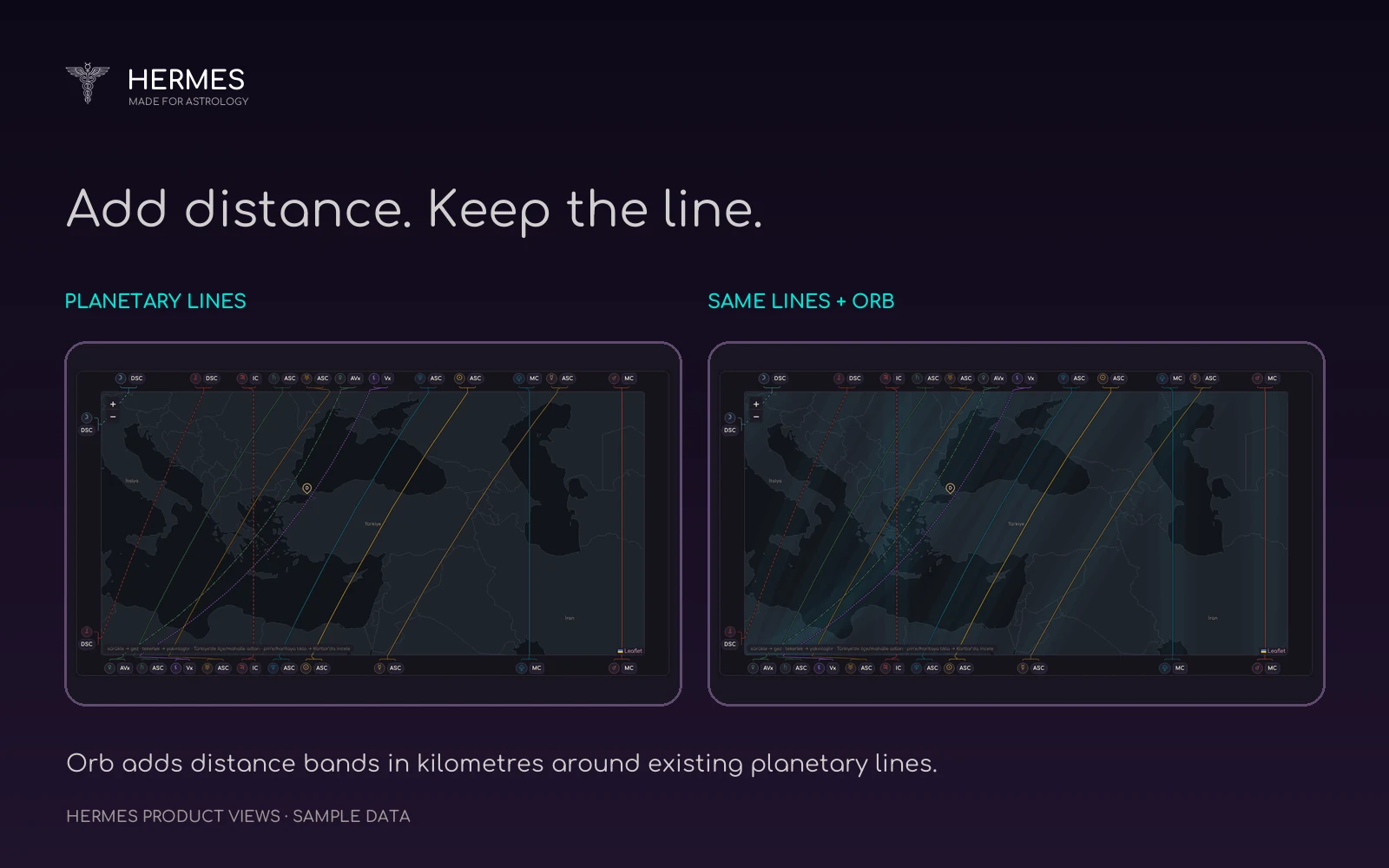 The same Hermes map compared with planetary lines only and with Orb bands enabled.